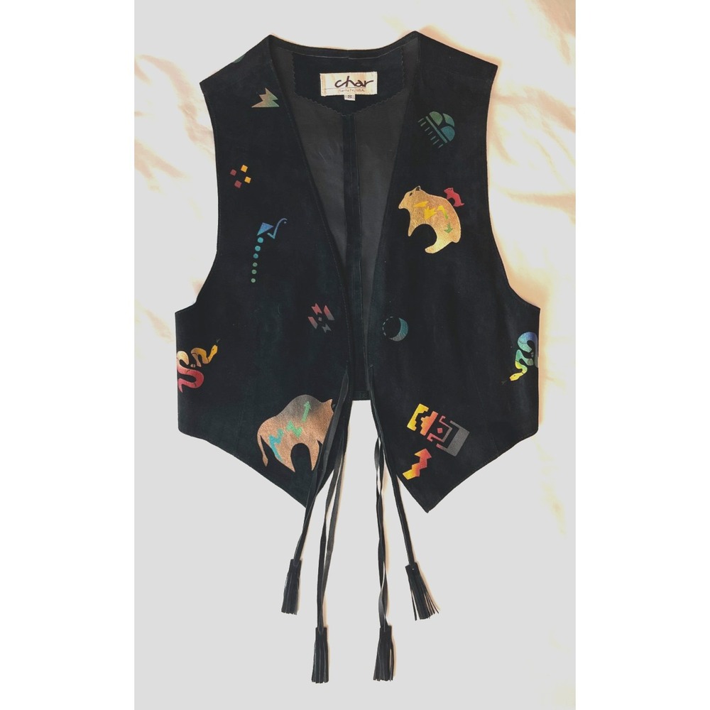 Vintage Char Santa Fe Hand Painted Black Suede Vest Womens S Southwestern Bear